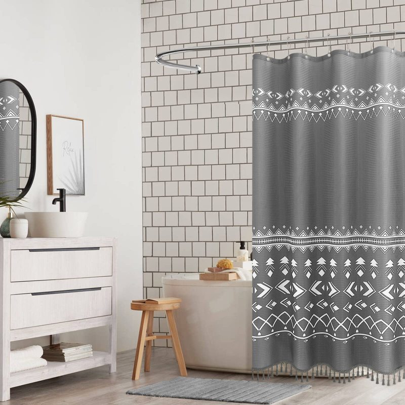 Polyester Waffle Shower Curtain for Bathroom, Waterproof Print Shower Curtains with Tassel$
