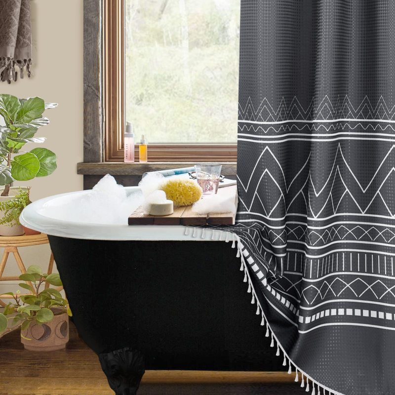 Waffle Bohomia Style Waterproof Bath Curtain , Printing Shower Curtains With Tassel$