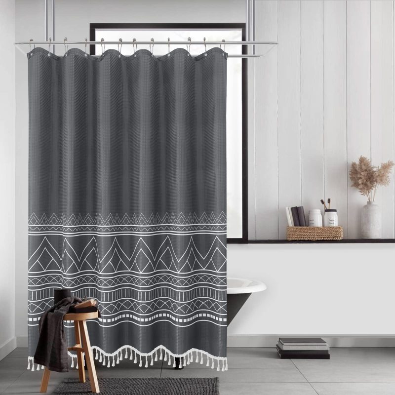 Waffle Bohomia Style Waterproof Bath Curtain , Printing Shower Curtains With Tassel$