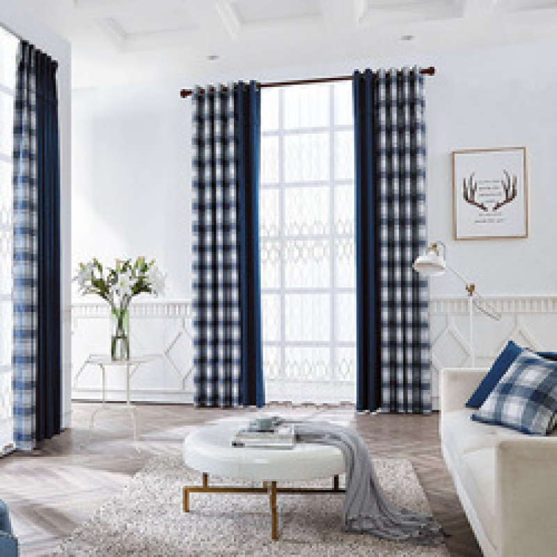 High-grade Thick Plaid Curtain Cloth Nordic Custom Stitching Curtain Head Villa Living Room Bedroom,100% Products  In China/