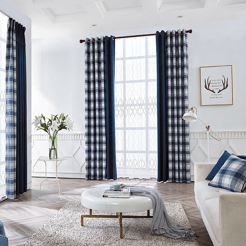 High-grade Thick Plaid Curtain Cloth Nordic Custom Stitching Curtain Head Villa Living Room Bedroom,100% Products  In China/