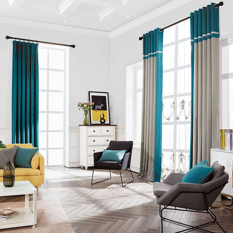 High-grade Thick Plaid Curtain Cloth Nordic Custom Stitching Curtain Head Villa Living Room Bedroom,100% Products  In China/