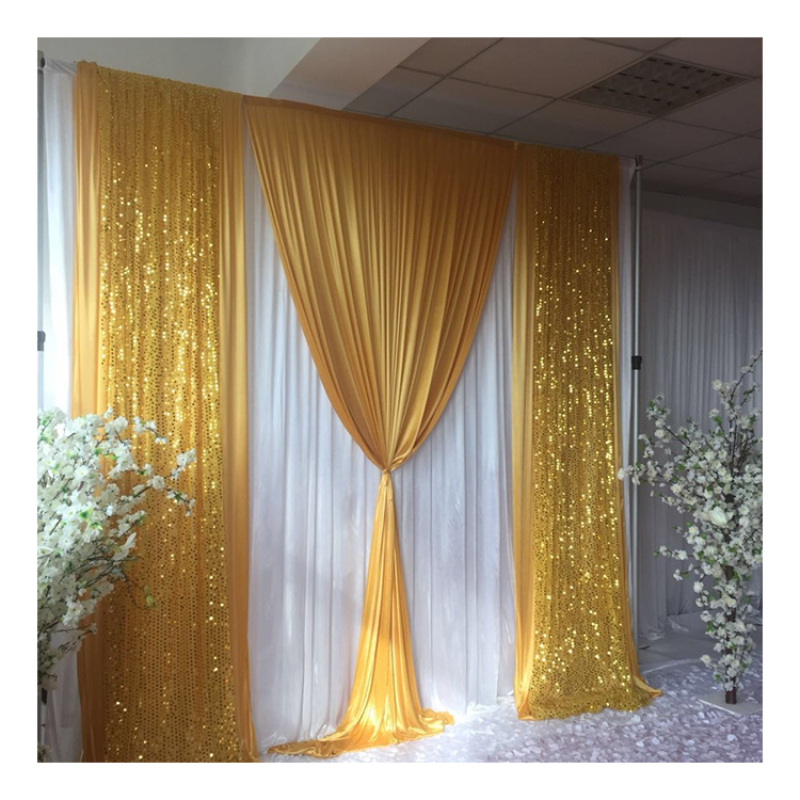 Free Shipping White Curtain With Gold Ice Silk Sequin Drape,Ready Made Backdrop Wedding Party Decoration/