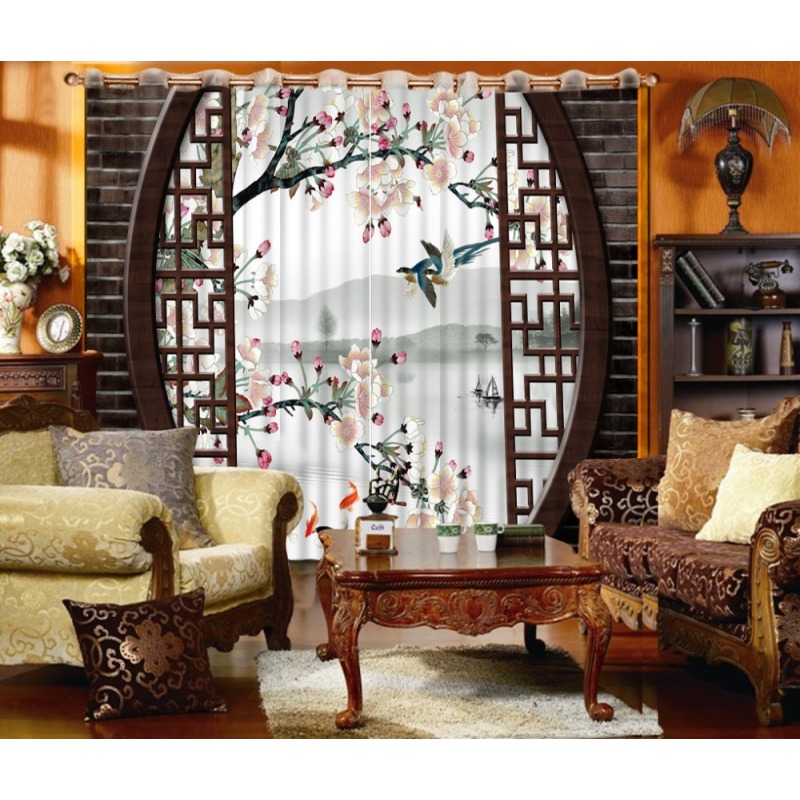 Classic Home Decor Curtain Design 3D Curtain,Chinese Style Brick Plum Birds and Fish Blackout Shade Window Curtains For Bedroom/