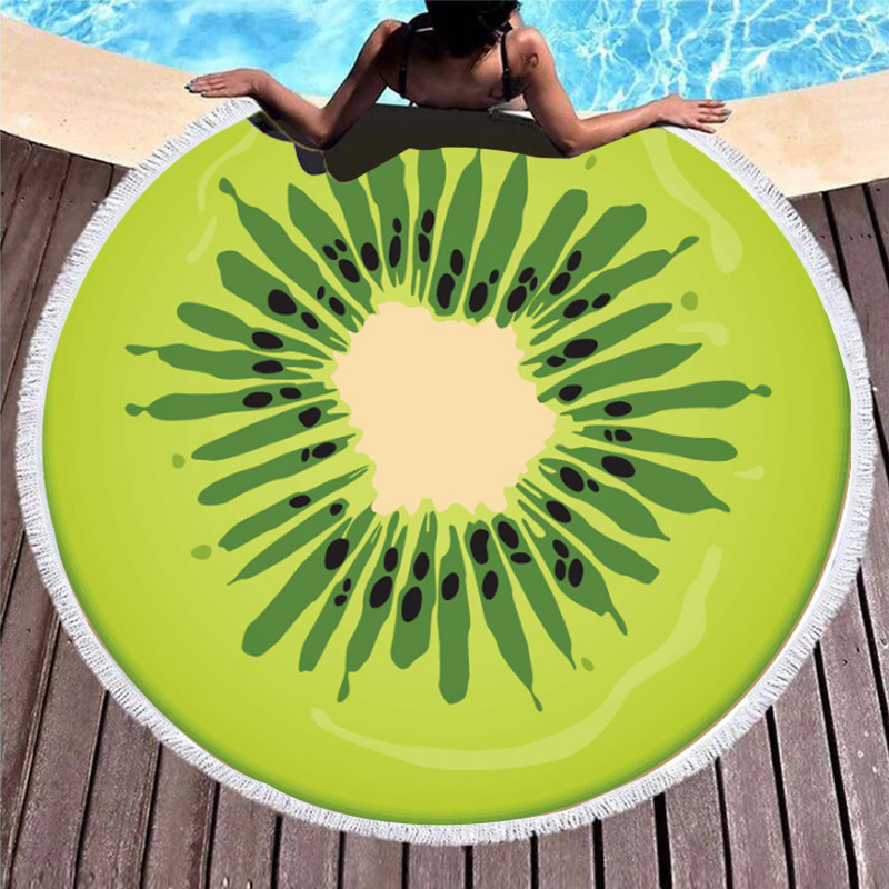 Custom Fruit Print Beach Towel, OEM Round Personalized Bath Towel With Tassel#