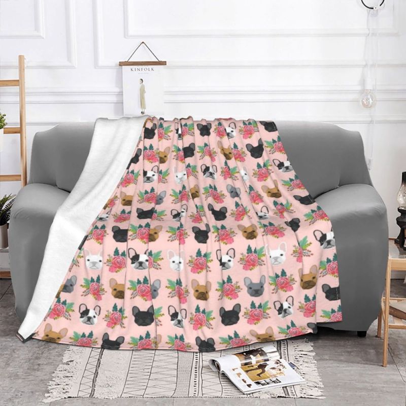 French Bulldog Faces Pink Cute Dog Blanket Flannel Textile Breathable Lightweight Throw Blankets for Home Outdoor Bedspread/