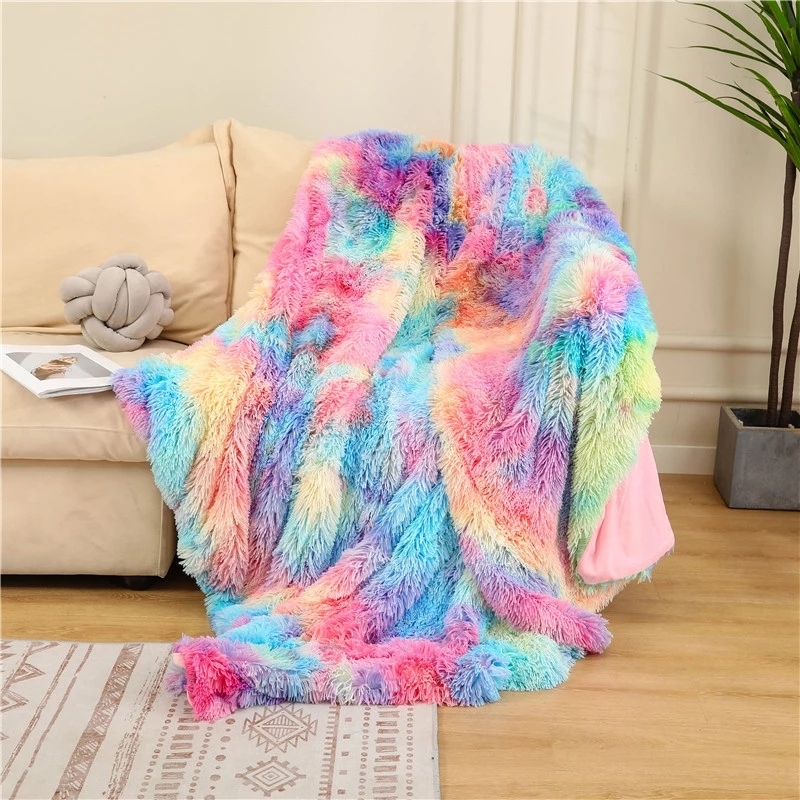 Winter Warm Blankets For Bed Fluffy Long Plush Rainbow Throw Blanket Coral Fleece Bedspread Bed Cover Birthday Christmas Gift/
