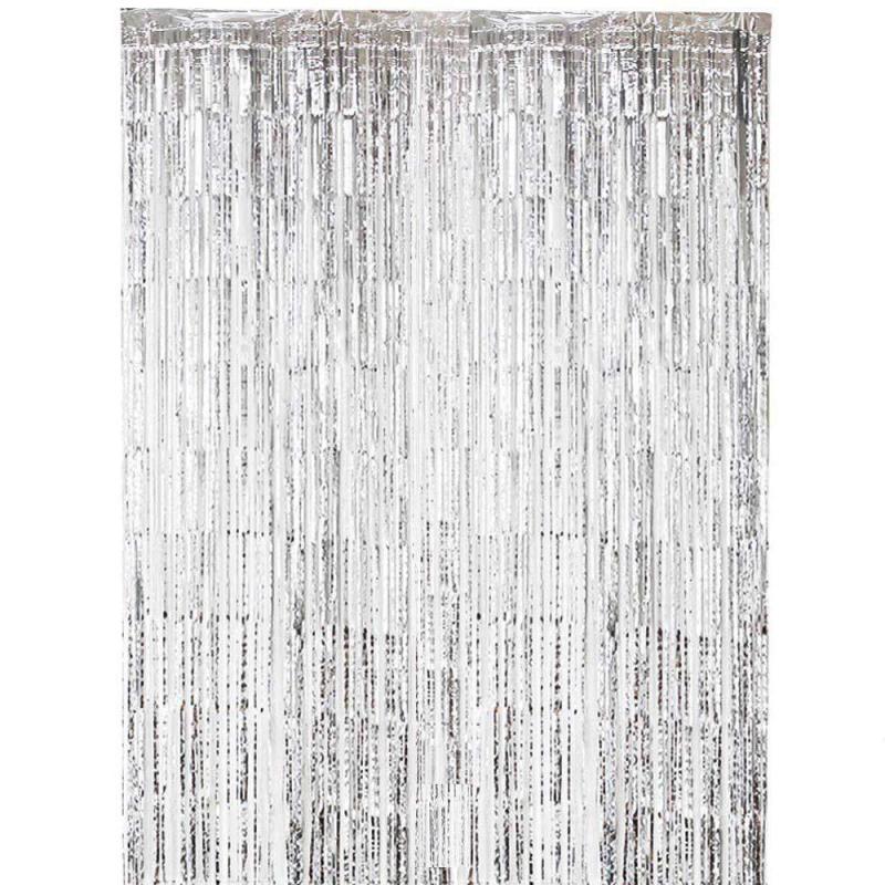 Party Backdrop Decorations Shimmer Curtains Metal Fringe Metallic Silver Curtains 2M Foil Curtain Birthday Wedding Christmas