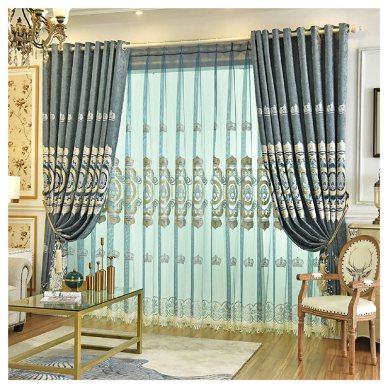Wholesale custom European style chenille fabric curtains,  luxury semi-shade flat embroidered curtain/
