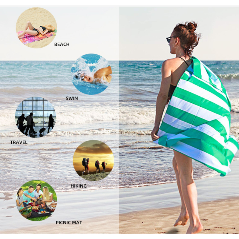 OEM Double Velvet Beach Towel, Wholesale Sand Free Stripes Soft Beach Towel with a Travel Bag/