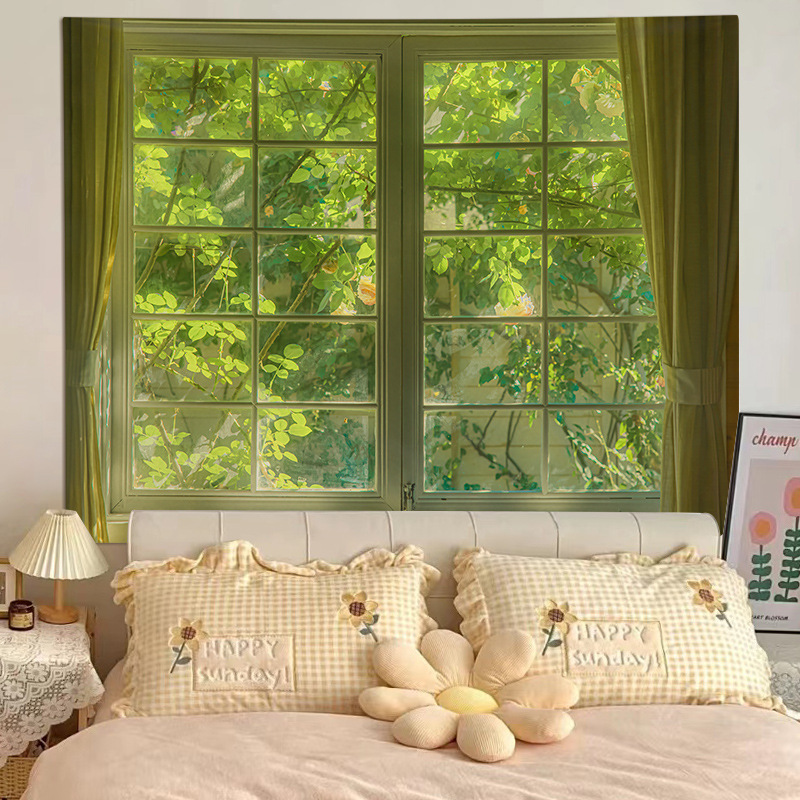 Digitally printed polyester hanging cloth with stereo realit scenery outside the window ins tapestry for bedroom live background