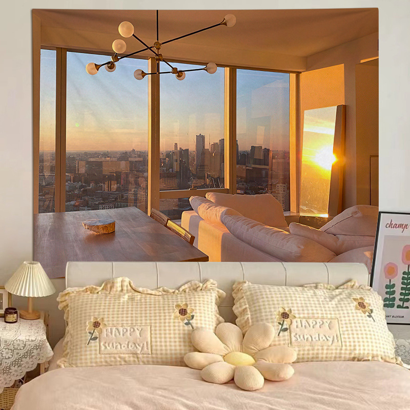 Digitally printed polyester hanging cloth with stereo realit scenery outside the window ins tapestry for bedroom live background