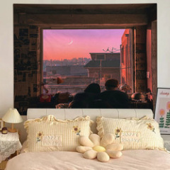Digitally printed polyester hanging cloth with stereo realit scenery outside the window ins tapestry for bedroom live background