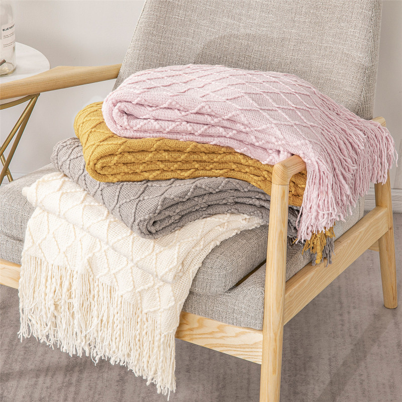 Bed Knitted Blanket Geometric Sofa Blanket Cover with Tassel Travel Line Blanket Home Decoration/