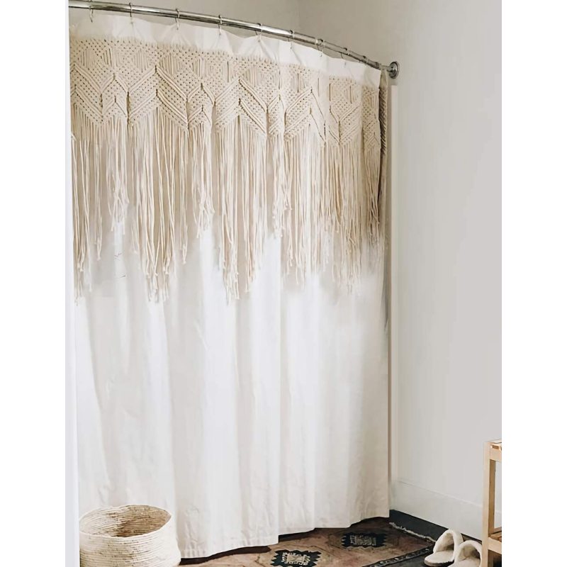 Tassel Macrame Polyester Waterproof Shower Curtain Ivory Fabric Boho Woven Hand Braided Cream Beige Vintage Cotton with Hooks