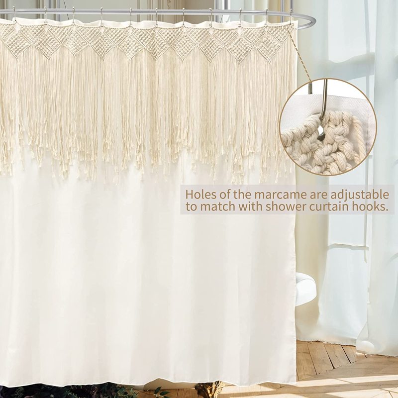 Tassel Macrame Polyester Waterproof Shower Curtain Ivory Fabric Boho Woven Hand Braided Cream Beige Vintage Cotton with Hooks