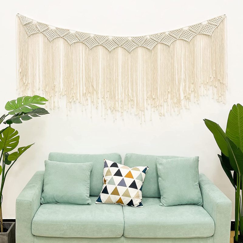 Tassel Macrame Polyester Waterproof Shower Curtain Ivory Fabric Boho Woven Hand Braided Cream Beige Vintage Cotton with Hooks