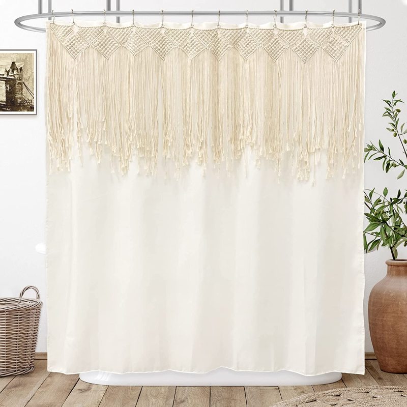 Tassel Macrame Polyester Waterproof Shower Curtain Ivory Fabric Boho Woven Hand Braided Cream Beige Vintage Cotton with Hooks