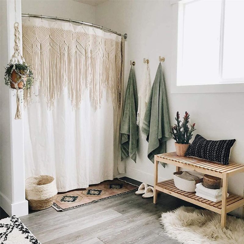Tassel Macrame Polyester Waterproof Shower Curtain Ivory Fabric Boho Woven Hand Braided Cream Beige Vintage Cotton with Hooks