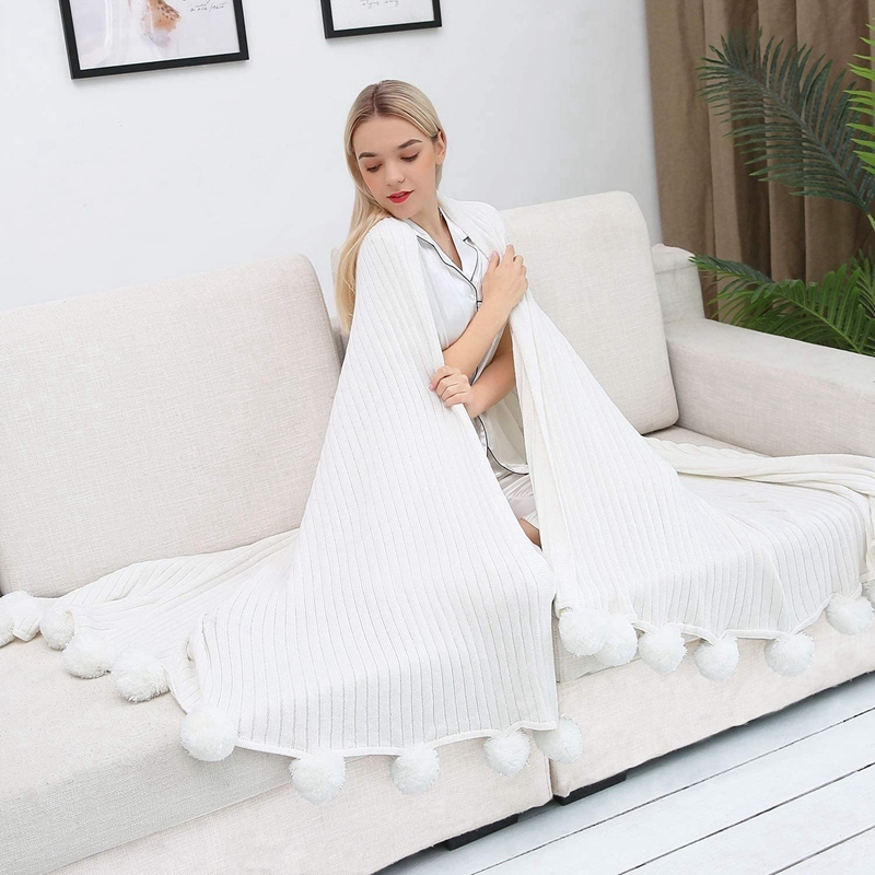 Throw Blanket for Couch,White  Throw Blanket Knit Blanket with Pom Poms,Fuzzy,Fluffy,Soft,Cozy,Warm Knitted Cover /