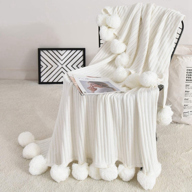 Throw Blanket for Couch,White  Throw Blanket Knit Blanket with Pom Poms,Fuzzy,Fluffy,Soft,Cozy,Warm Knitted Cover /