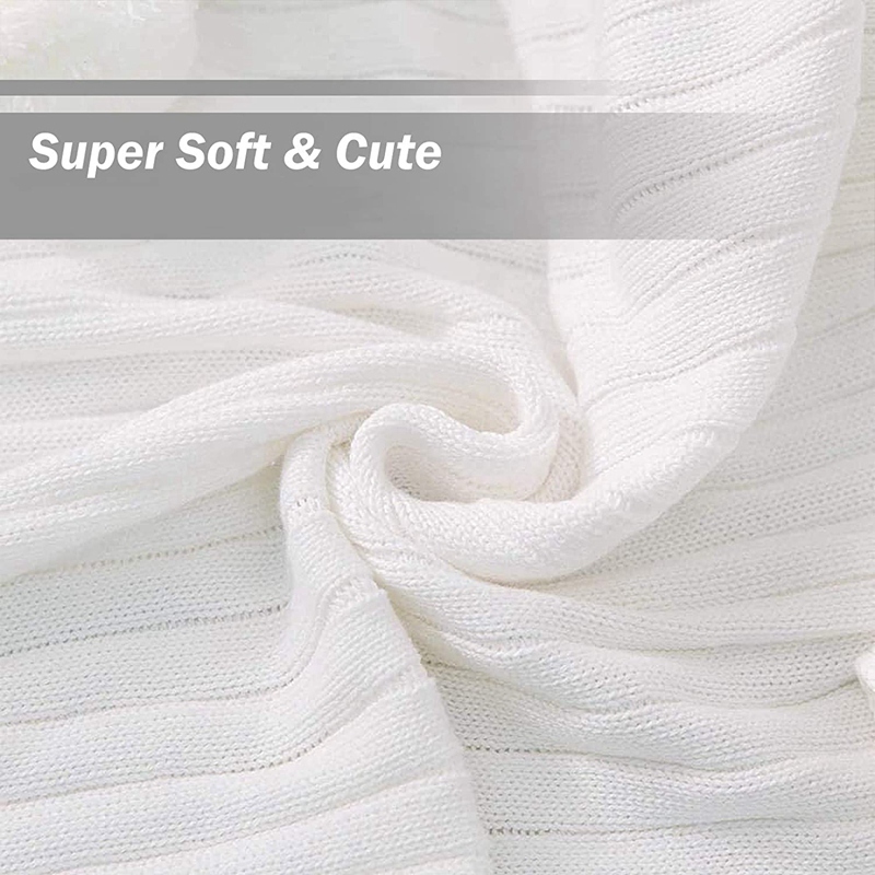 Throw Blanket for Couch,White  Throw Blanket Knit Blanket with Pom Poms,Fuzzy,Fluffy,Soft,Cozy,Warm Knitted Cover /