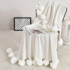 Throw Blanket for Couch,White  Throw Blanket Knit Blanket with Pom Poms,Fuzzy,Fluffy,Soft,Cozy,Warm Knitted Cover /