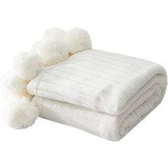 Throw Blanket for Couch,White  Throw Blanket Knit Blanket with Pom Poms,Fuzzy,Fluffy,Soft,Cozy,Warm Knitted Cover /
