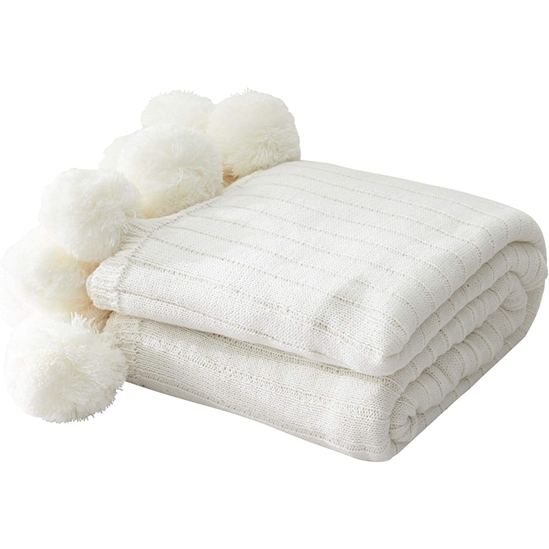 Throw Blanket for Couch,White  Throw Blanket Knit Blanket with Pom Poms,Fuzzy,Fluffy,Soft,Cozy,Warm Knitted Cover /