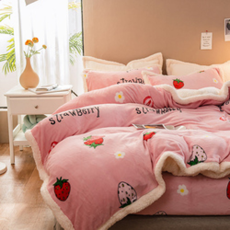 4 Piece Suit Bedding Set Coralline Bed Sheets, Winter Thickened Milk Velvet Bedding Sets/