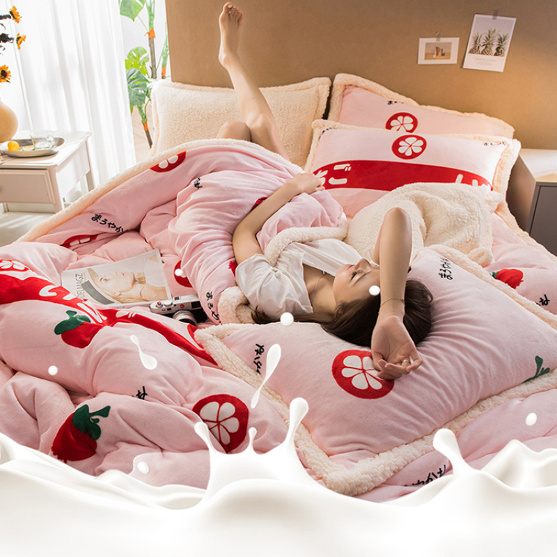 4 Piece Suit Bedding Set Coralline Bed Sheets, Winter Thickened Milk Velvet Bedding Sets/