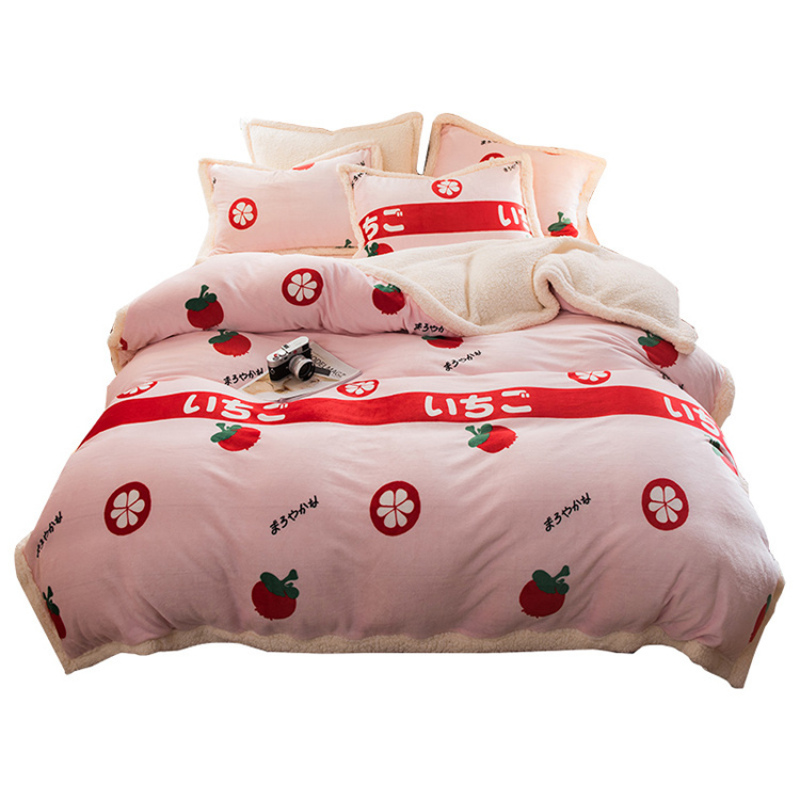 4 Piece Suit Bedding Set Coralline Bed Sheets, Winter Thickened Milk Velvet Bedding Sets/