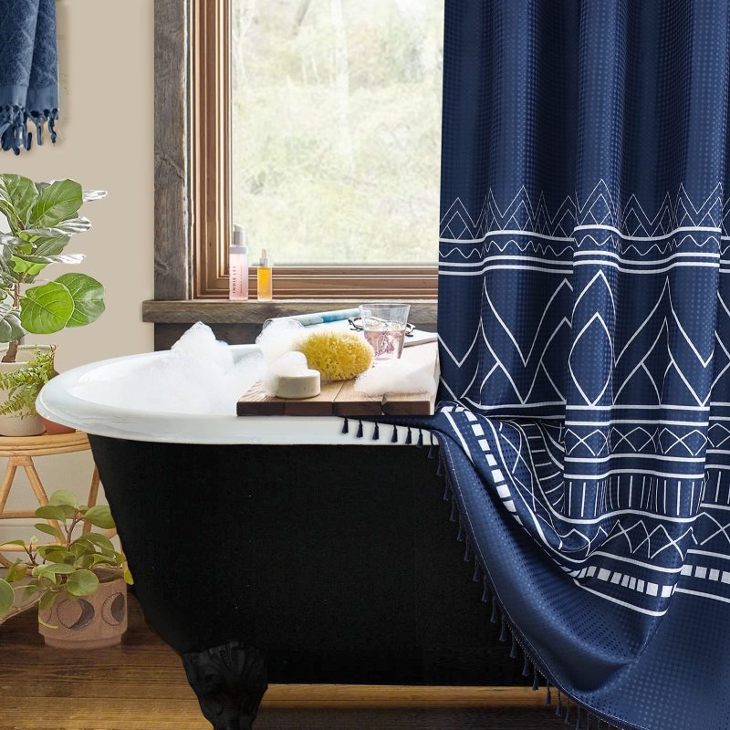Thick Waffle Weave Shower Curtain 72 inch, Hotel Tassel Waterproof Bathroom Curtain$