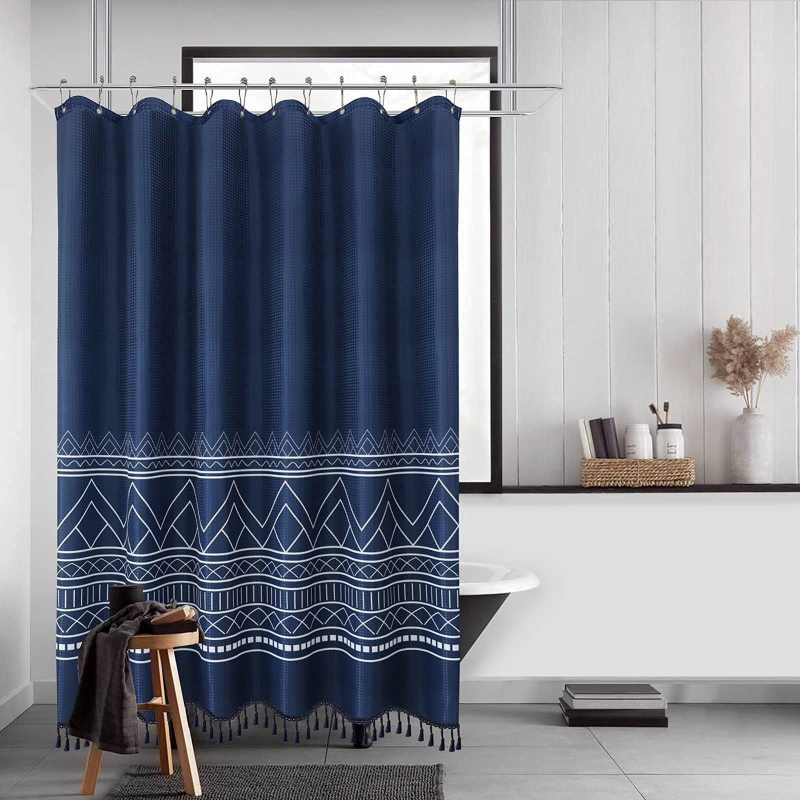 Thick Waffle Weave Shower Curtain 72 inch, Hotel Tassel Waterproof Bathroom Curtain$