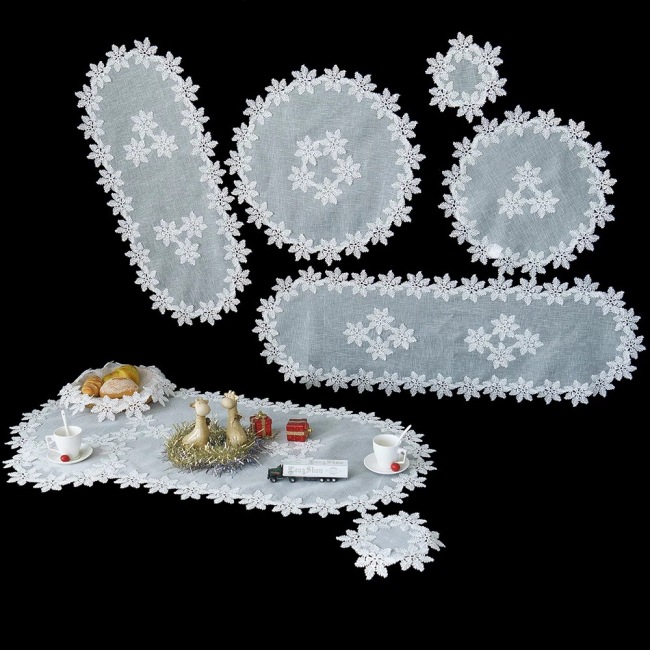 2023 Embroidery European-style Slub Yarn Snowflake Rectangular Cover White Lace Trimmed table mat with runner