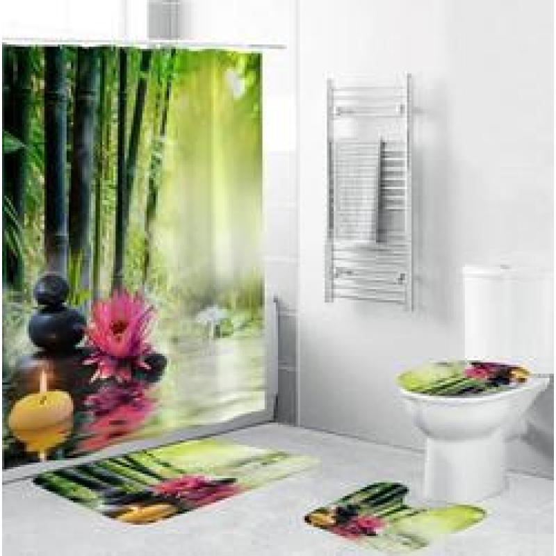 3D Digital Printing Full Polyester Waterproof Shower Curtain Floor Mat Toilet S ,Flower pattern shower curtain set for bathroom/