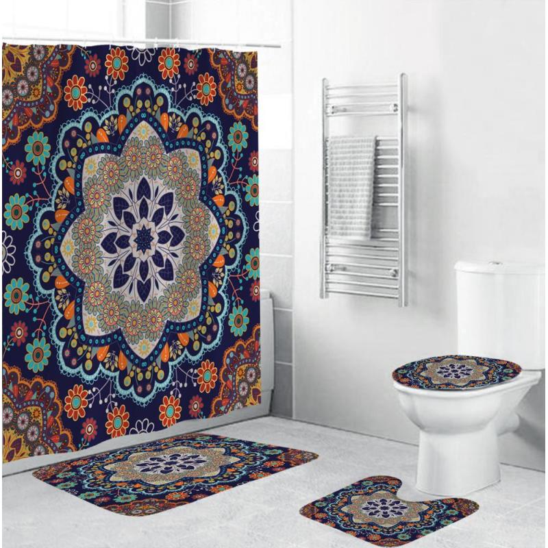 3D Digital Printing Full Polyester Waterproof Shower Curtain Floor Mat Toilet S ,Flower pattern shower curtain set for bathroom/
