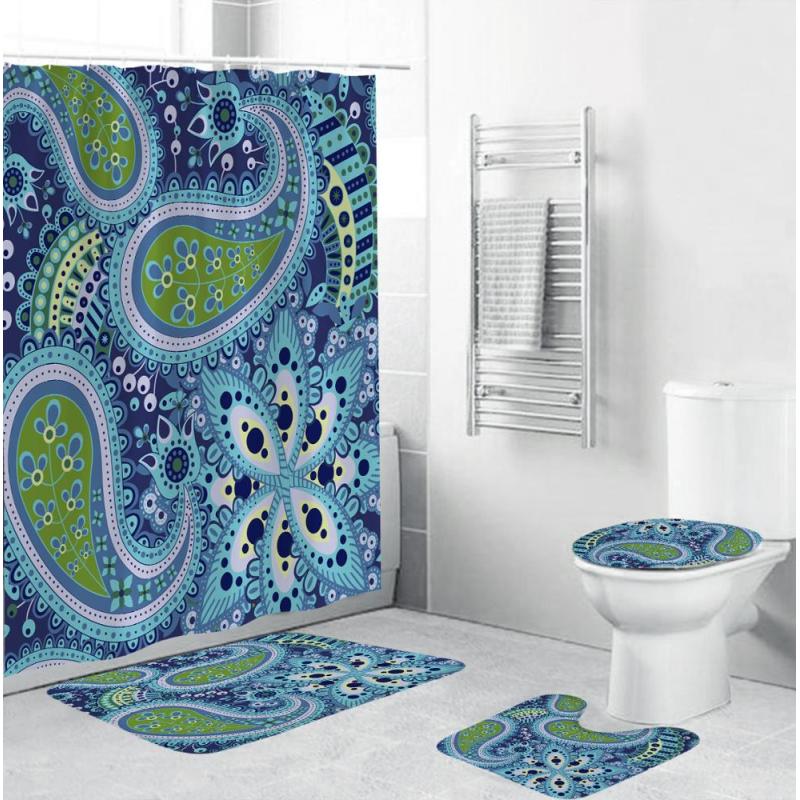3D Digital Printing Full Polyester Waterproof Shower Curtain Floor Mat Toilet S ,Flower pattern shower curtain set for bathroom/