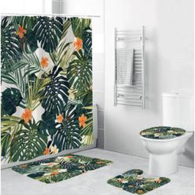 3D Digital Printing Full Polyester Waterproof Shower Curtain Floor Mat Toilet S ,Flower pattern shower curtain set for bathroom/