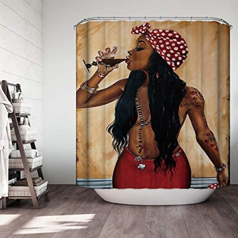 Afro Girl Shower Curtain, Black Girl Golden Lips Decor with 12 Hooks Waterproof Polyester Fabric, Bathroom Access