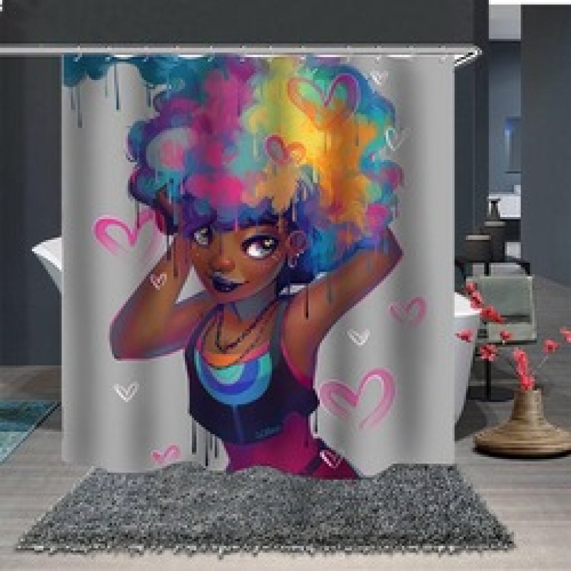 Afro Girl Shower Curtain, Black Girl Golden Lips Decor with 12 Hooks Waterproof Polyester Fabric, Bathroom Access