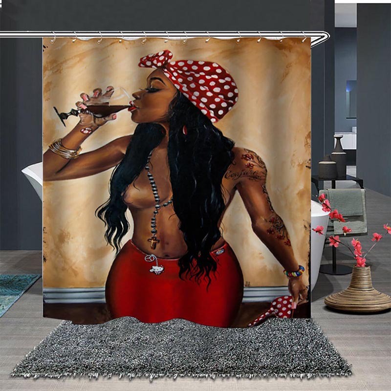 Afro Girl Shower Curtain, Black Girl Golden Lips Decor with 12 Hooks Waterproof Polyester Fabric, Bathroom Access