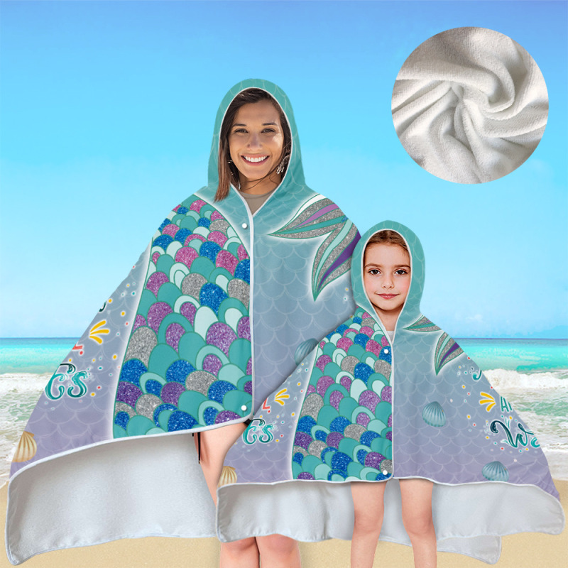 New Mermaid Hooded Bath Towel, Microfiber Hood Wearable Beach Towel/