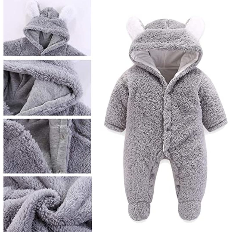 Newborn Baby Bear Warm Snowsuit, Cotton Fleece Cute Unisex Hooded  Romper Jumpsuit Winter Clothes