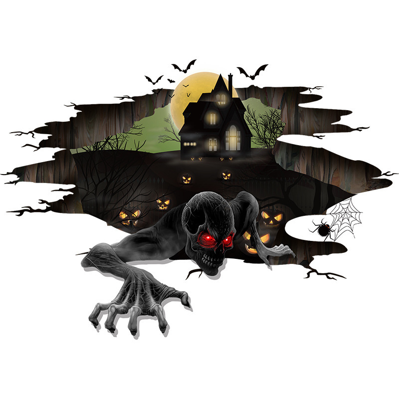 Dekorative Wandaufkleber im neuen PVC-Stil mit Motiven wie zerbrochener Mauer, Burg, Krähe, Spukhaus und Spinne für Halloween-Atmosphäre (2 Stück) zur Wand- oder Bodengestaltung