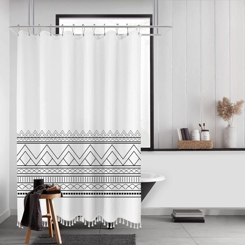 Cheap White Waffle Weave Shower Curtains, Wholesale Shower Curtains with Tassel$