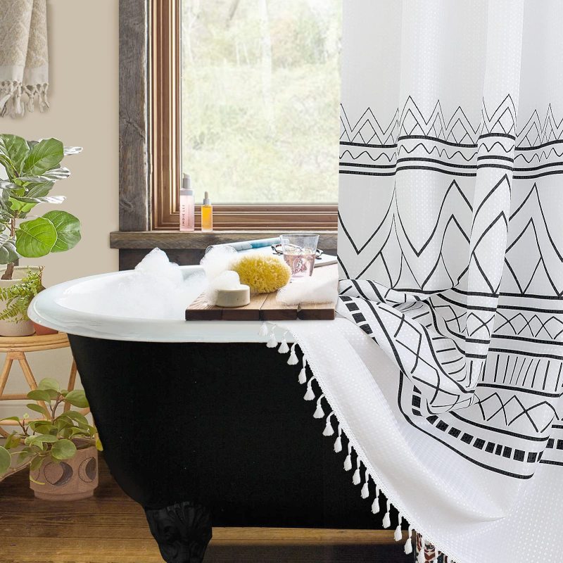Cheap White Waffle Weave Shower Curtains, Wholesale Shower Curtains with Tassel$
