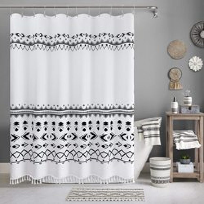 Cheap White Waffle Weave Shower Curtains, Wholesale Shower Curtains with Tassel$