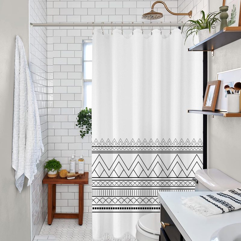 Cheap White Waffle Weave Shower Curtains, Wholesale Shower Curtains with Tassel$