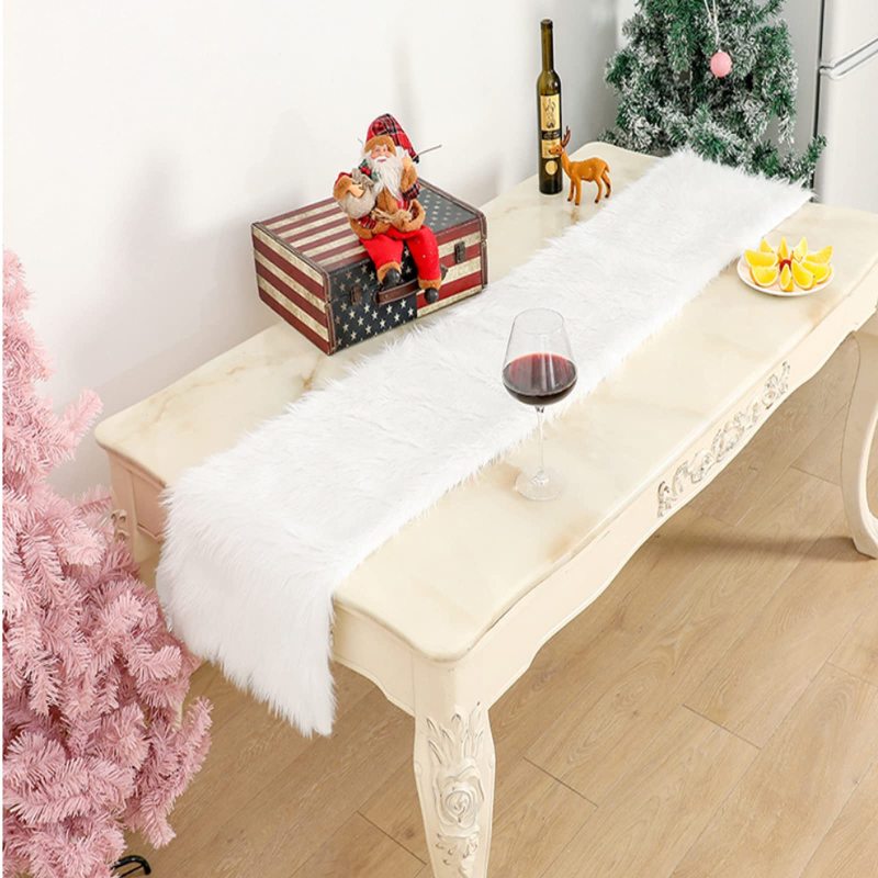 Modern Faux Fur Table Runner for Christmas, Fluffy White Tablecloth for Wedding#